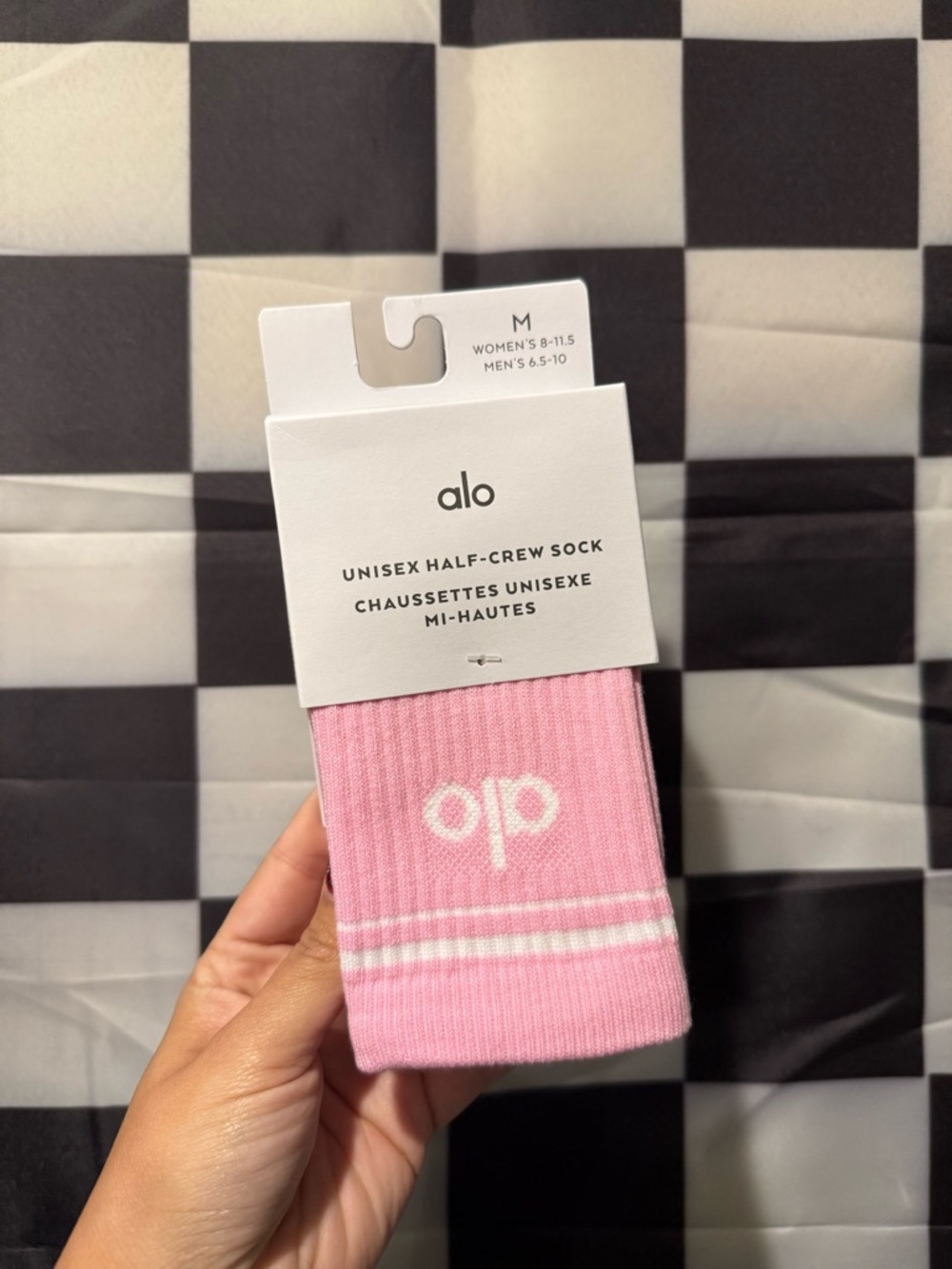 ALO Yoga Pink Unisex Half-Crew Sock with White Logo